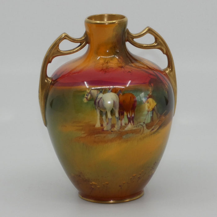 Royal Doulton hand painted Ploughing gilt twin handled vase (H Nixon)