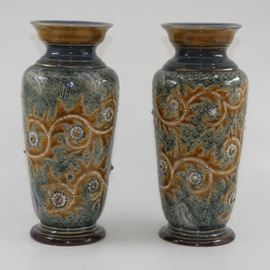 doulton-lambeth-george-tinworth-stoneware-pair-of-conical-vases-with-applied-baguette-beads-and-foliage