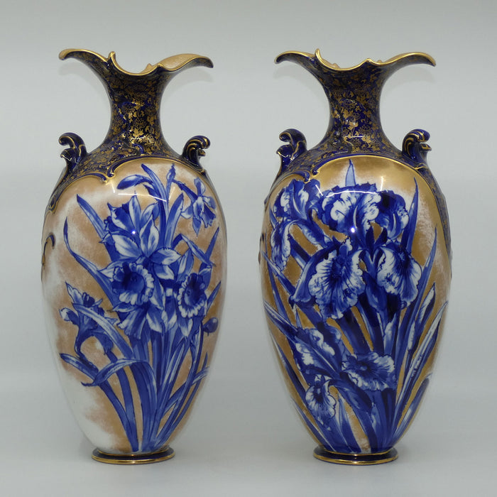 Doulton Burslem Blue Iris and Daffodil pair of large fancy bulbous vases with little handles and gilt highlights