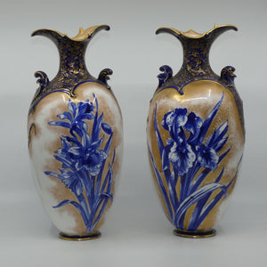 doulton-burslem-blue-iris-and-daffodil-pair-of-large-fancy-bulbous-vases-with-little-handles-and-gilt-highlights