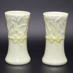 belleek-pair-of-ribbon-spill-vases-brown-base-stamp