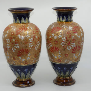 royal-doulton-stoneware-pair-of-bulbous-vases-with-red-white-enamelled-flowers-gilt-highlights-applied-leaves-dots-stamped-4461