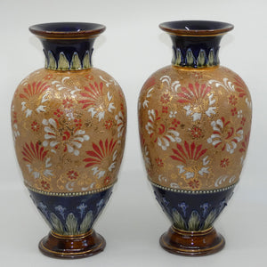 royal-doulton-stoneware-pair-of-bulbous-vases-with-red-white-enamelled-flowers-gilt-highlights-applied-leaves-dots-stamped-4461