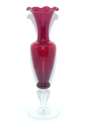 Mid Century Ruby Glass fluted rim bud vase with clear twist stem