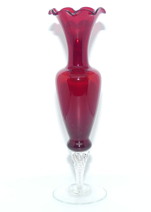 Mid Century Ruby Glass fluted rim bud vase with clear twist stem