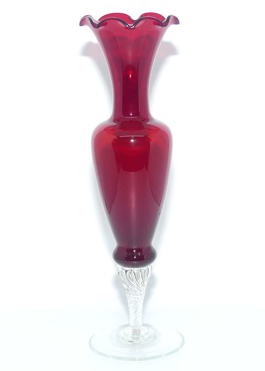 Mid Century Ruby Glass fluted rim bud vase with clear twist stem ...