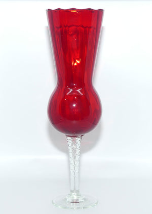 Mid Century Ruby Glass thistle shape vase with clear twist stem