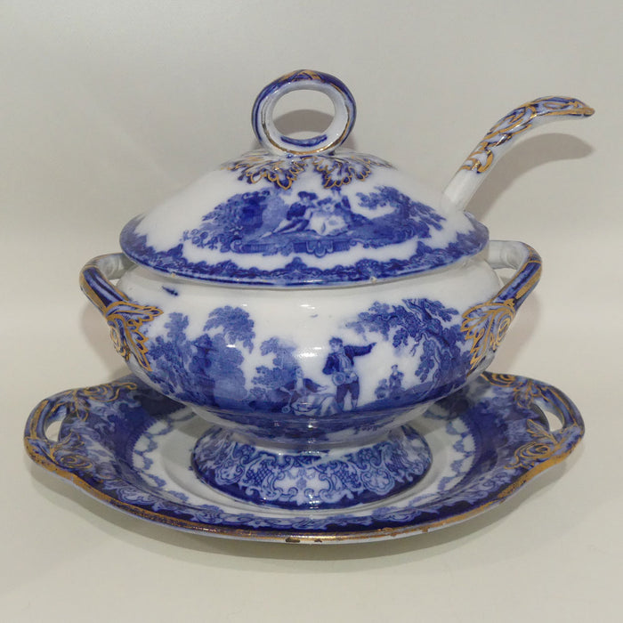 Doulton Watteau pattern Blue and White Sauce Tureen and Underplate