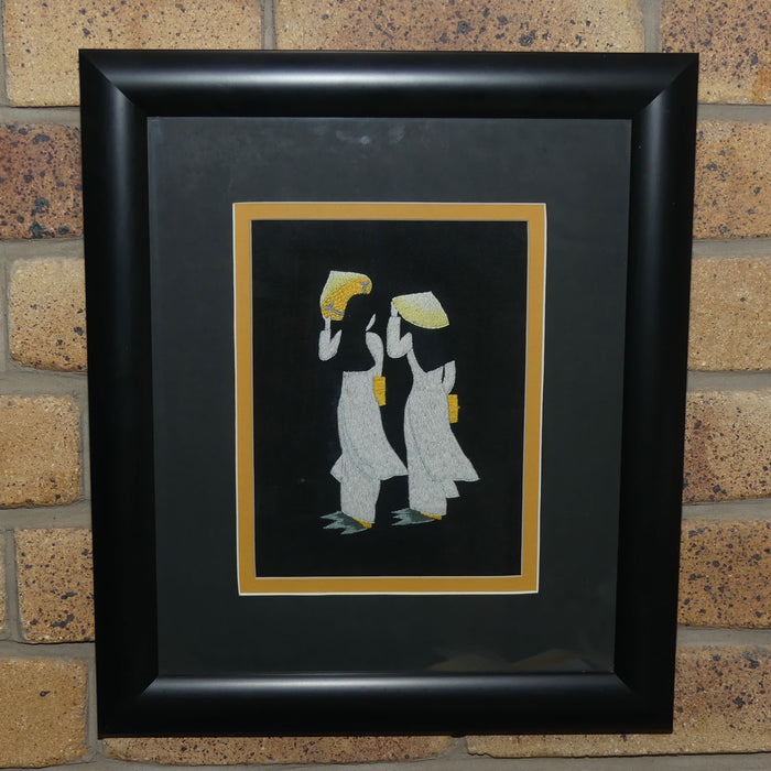 Framed Silk Embroidery | Two Asian Ladies in Coolie Hats
