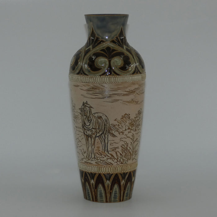 Doulton Lambeth Hannah Barlow stoneware vase depicting horses with applied beads and embellishments