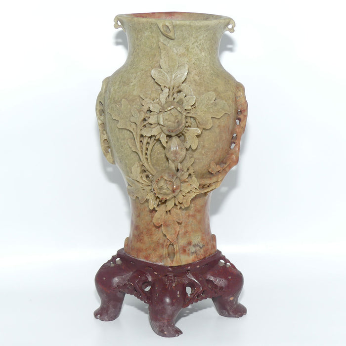 Elaborately Carved Soapstone Vase | Two Floral Blooms on Tree Trunk
