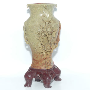 Elaborately Carved Soapstone Vase | Two Floral Blooms on Tree Trunk