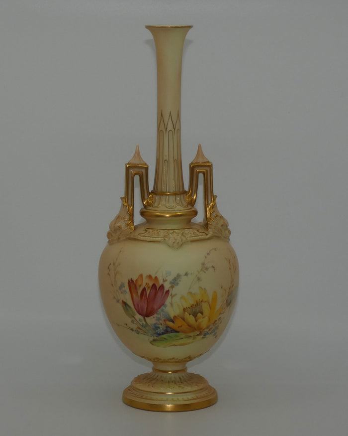 Royal Worcester Blush Ivory hand painted floral vase with spire handles (Raby)