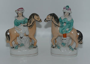 19th Cent Staffordshire Pottery Pair of Flatback Figures | Man and Lady on Horses