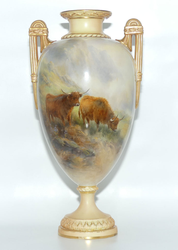 Royal Worcester hand painted twin handle Highland Cattle vase | John Stinton | #1