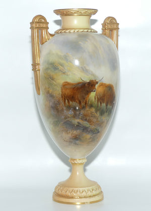 Royal Worcester hand painted twin handle Highland Cattle vase