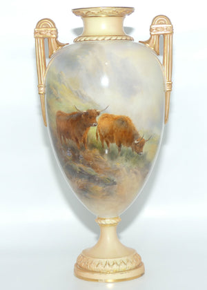 Royal Worcester hand painted twin handle Highland Cattle vase