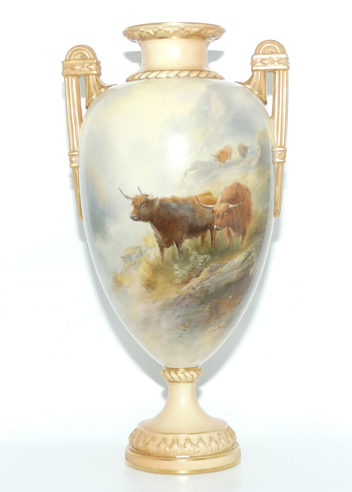 Royal Worcester hand painted twin handle Highland Cattle vase | John Stinton | #2