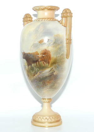 Royal Worcester hand painted twin handle Highland Cattle vase | John Stinton