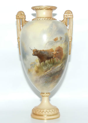 Royal Worcester hand painted twin handle Highland Cattle vase | John Stinton