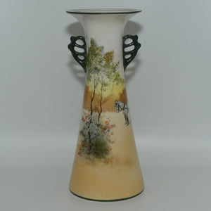 Royal Doulton Coaching Days tall flared mouth twin fancy handle vase E3804