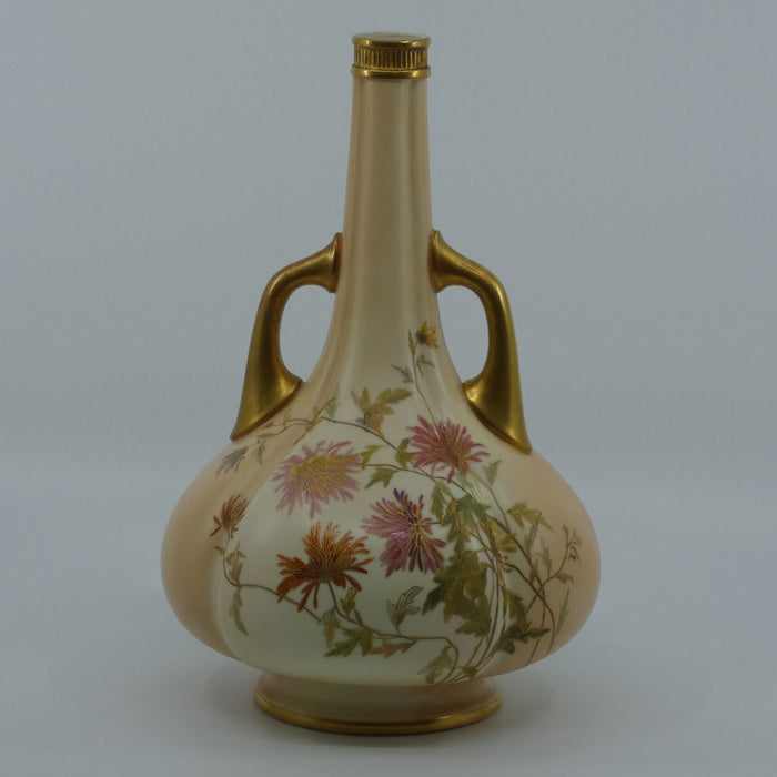 Royal Worcester Blush Ivory hand painted tall narrow neck handled bulbous vase