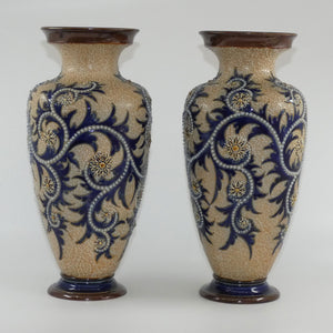 royal-doulton-stoneware-george-tinworth-pair-of-bulbous-centrepiece-vases-with-applied-baguette-beads-and-foliage