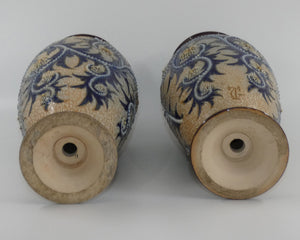 royal-doulton-stoneware-george-tinworth-pair-of-bulbous-centrepiece-vases-with-applied-baguette-beads-and-foliage