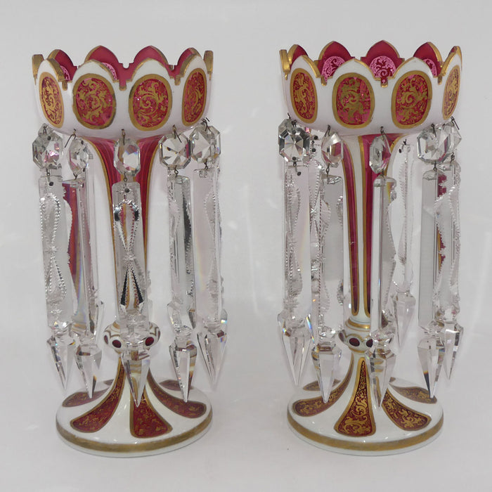 Superb Victorian c.1880 Cranberry Glass Panelled Overlay Lusters