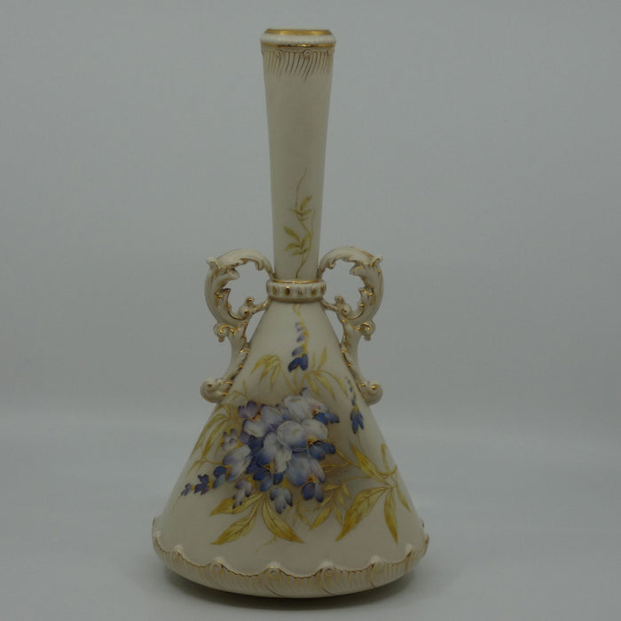 Royal Worcester Blush Ivory hand painted violets tall narrow neck vase with gilt handles