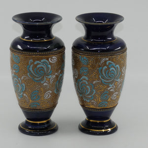 royal-doulton-pair-of-small-stoneware-vases-with-blue-white-enamelled-flowers-gilt-highlights-x5564